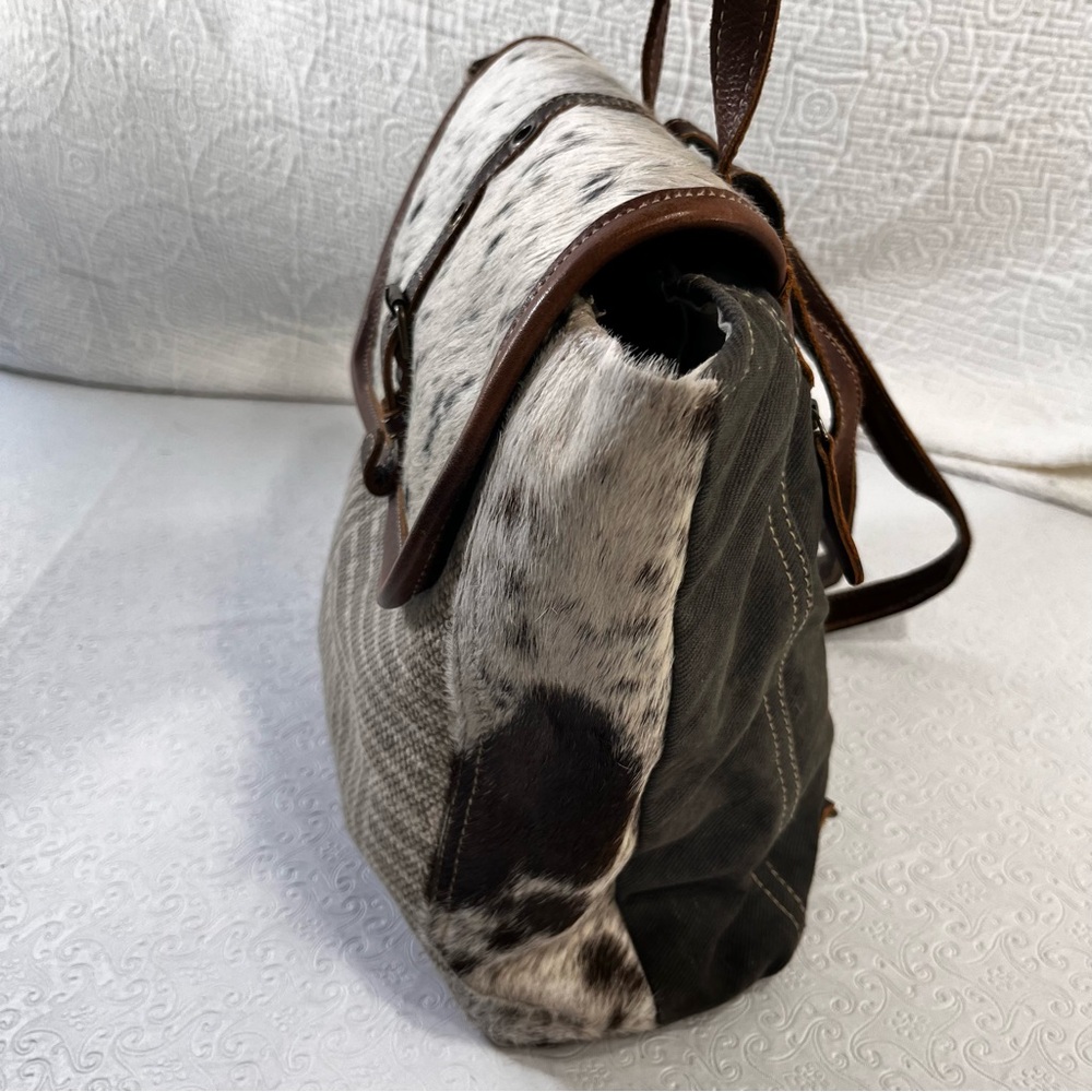 Myra Bag Handmade Crossroads Backpack Upcycled Canvas Cowhide Leather Patchwork - Picture 15 of 16